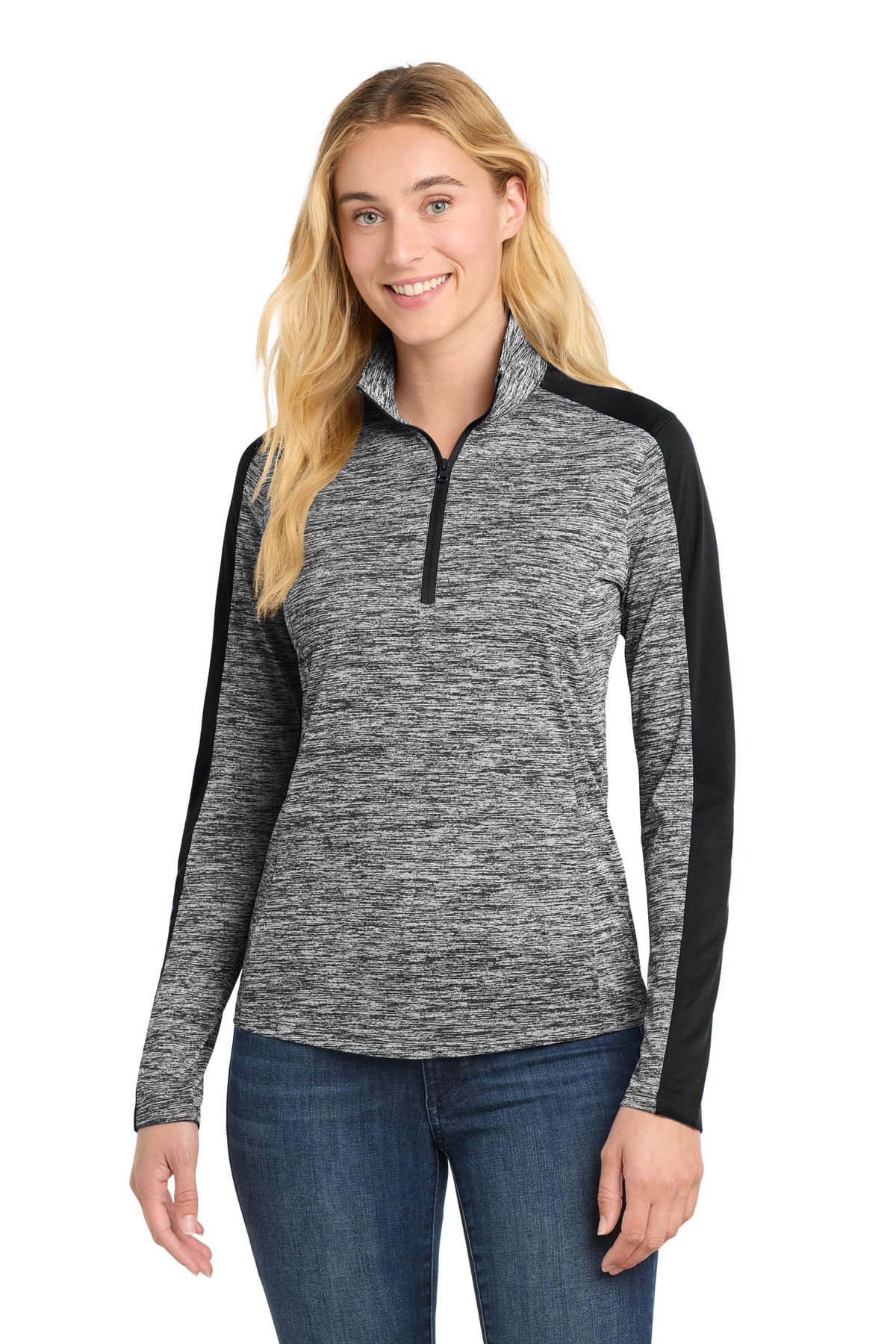 Sport-Tek ® Women's PosiCharge ® Electric Heather Colorblock 1/4-Zip Pullover — Black Electric/ Black