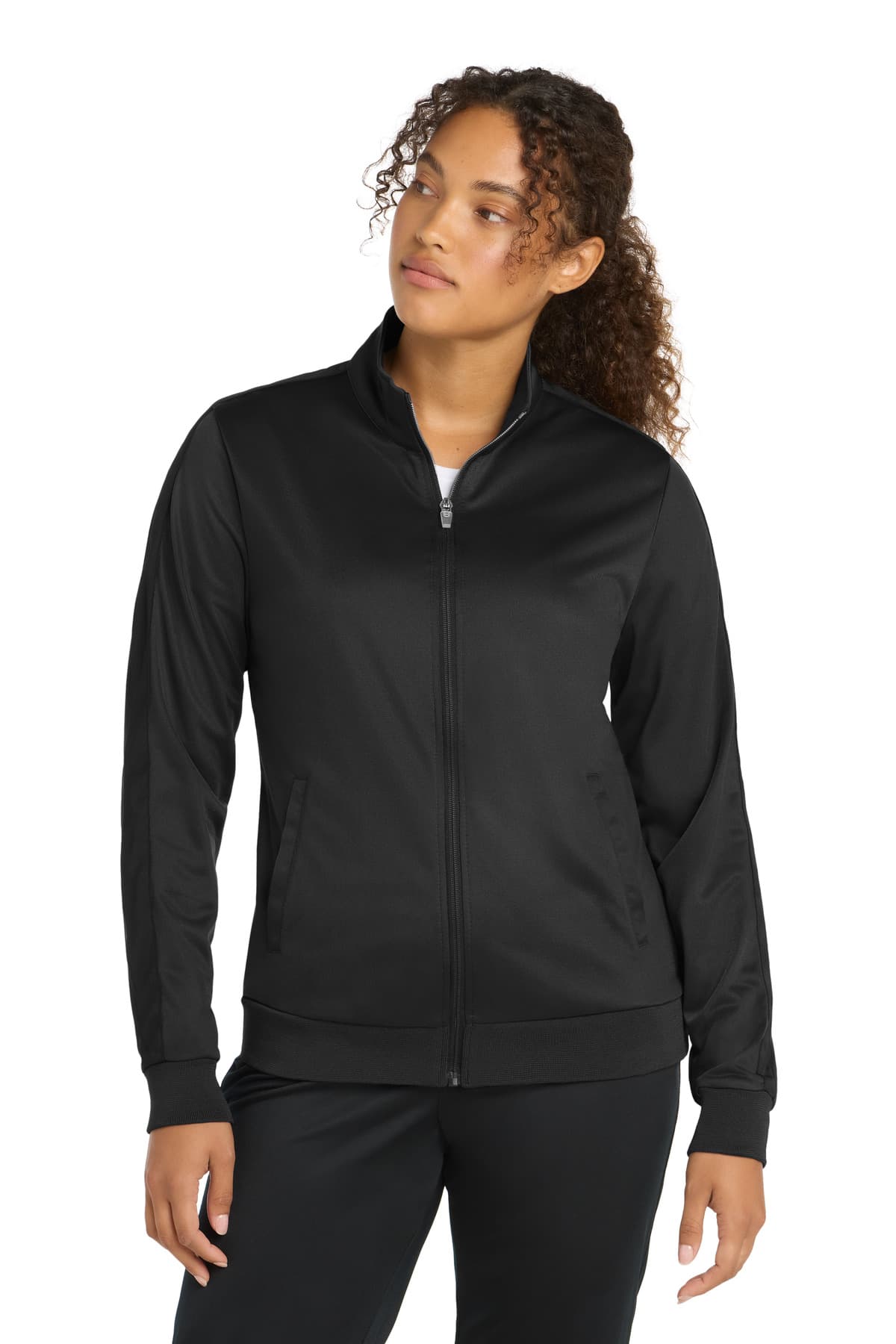 Sport-Tek ® Women's Tricot Sleeve Stripe Track Jacket — Black/ Black