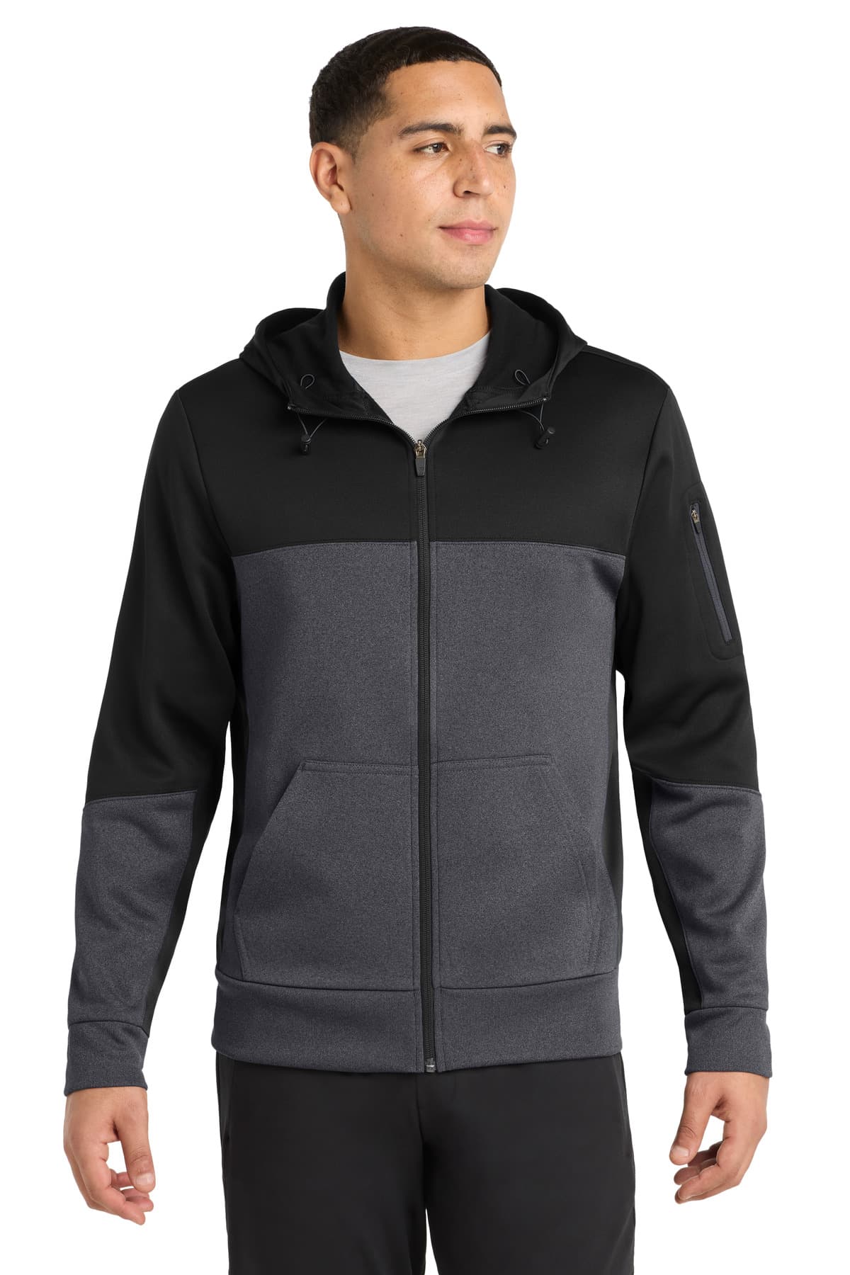 Sport-Tek ® Tech Fleece Colorblock Full-Zip Hooded Jacket — Black/ Graphite Heather/ Black