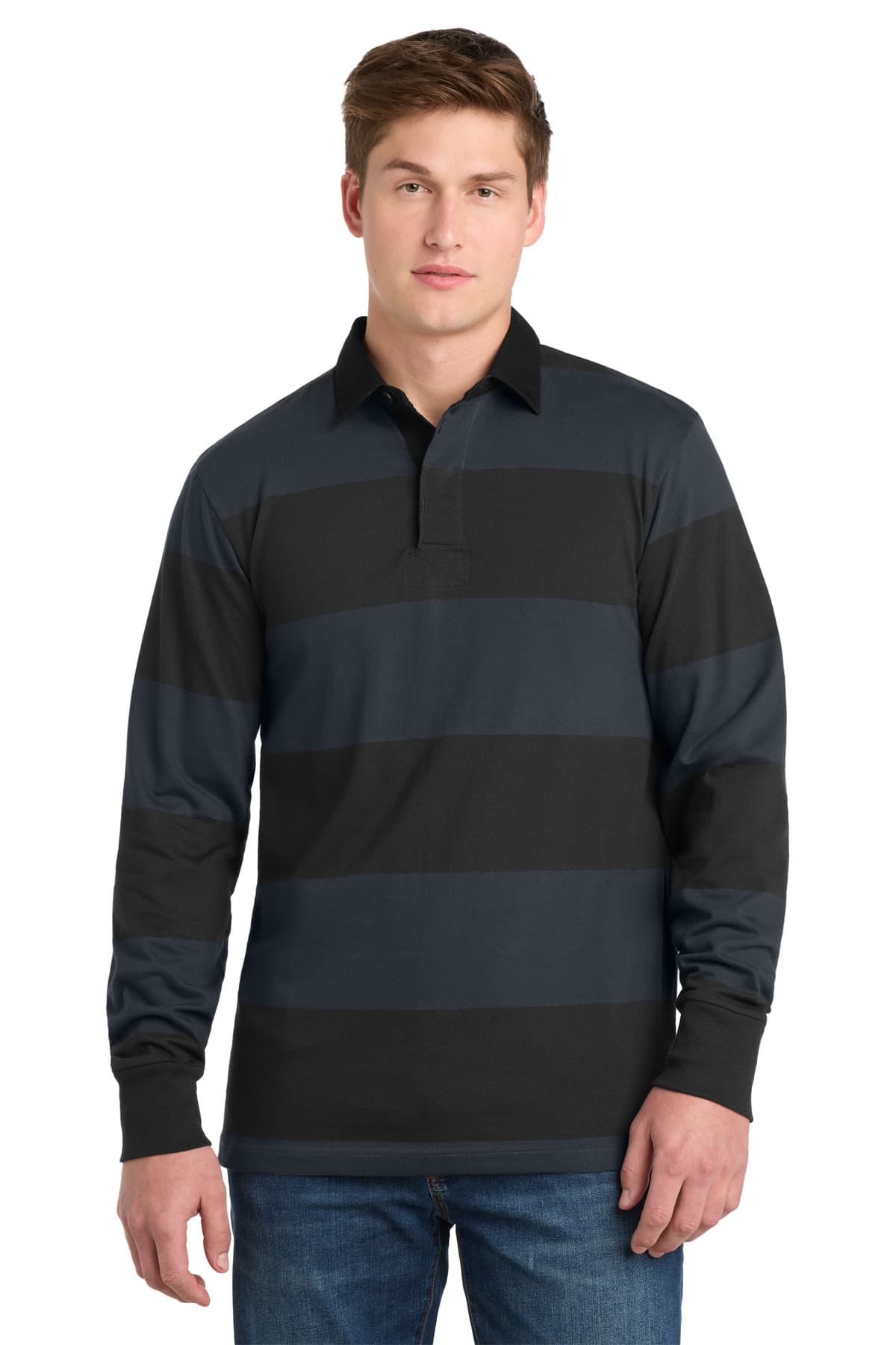 Sport-Tek ® Classic Long Sleeve Rugby Polo — Black/ Graphite
