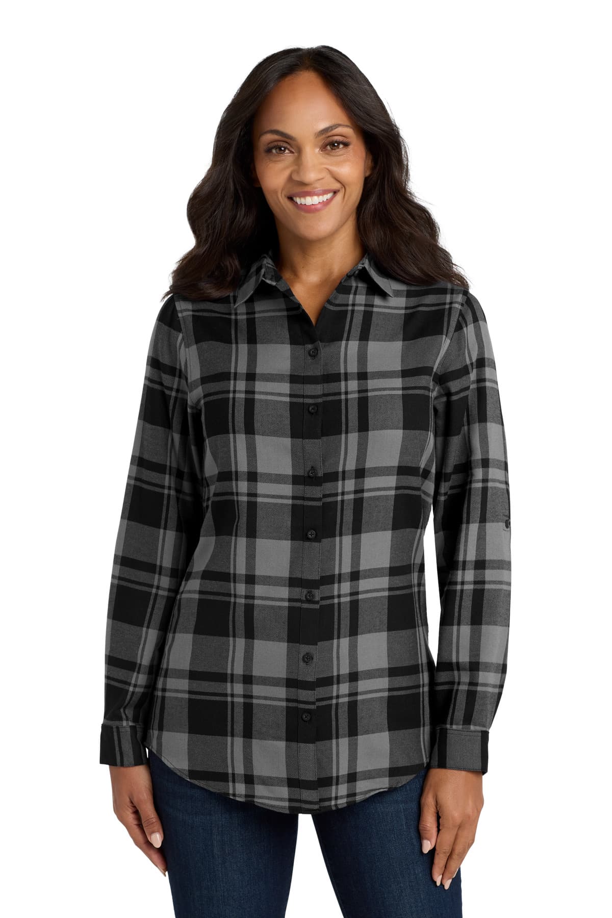 Port Authority ® Women's Plaid Flannel Tunic — Grey/ Black