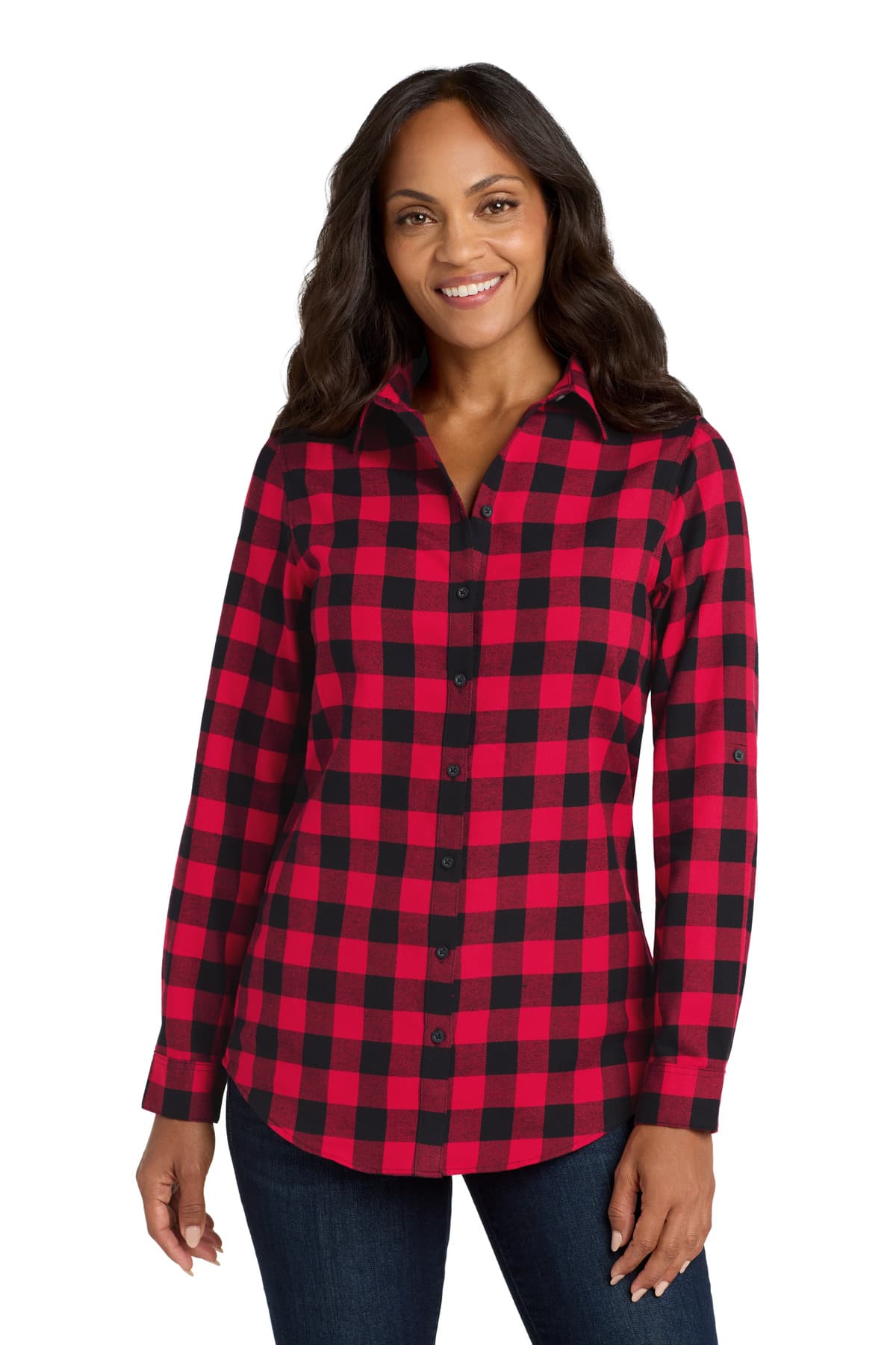 Port Authority ® Women's Plaid Flannel Tunic — Red/ Black Buffalo Check