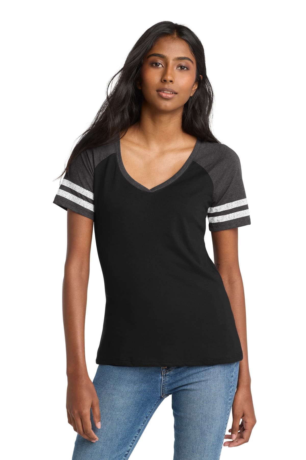 District ® Women's Game V-Neck Tee — Black/ Heathered Charcoal