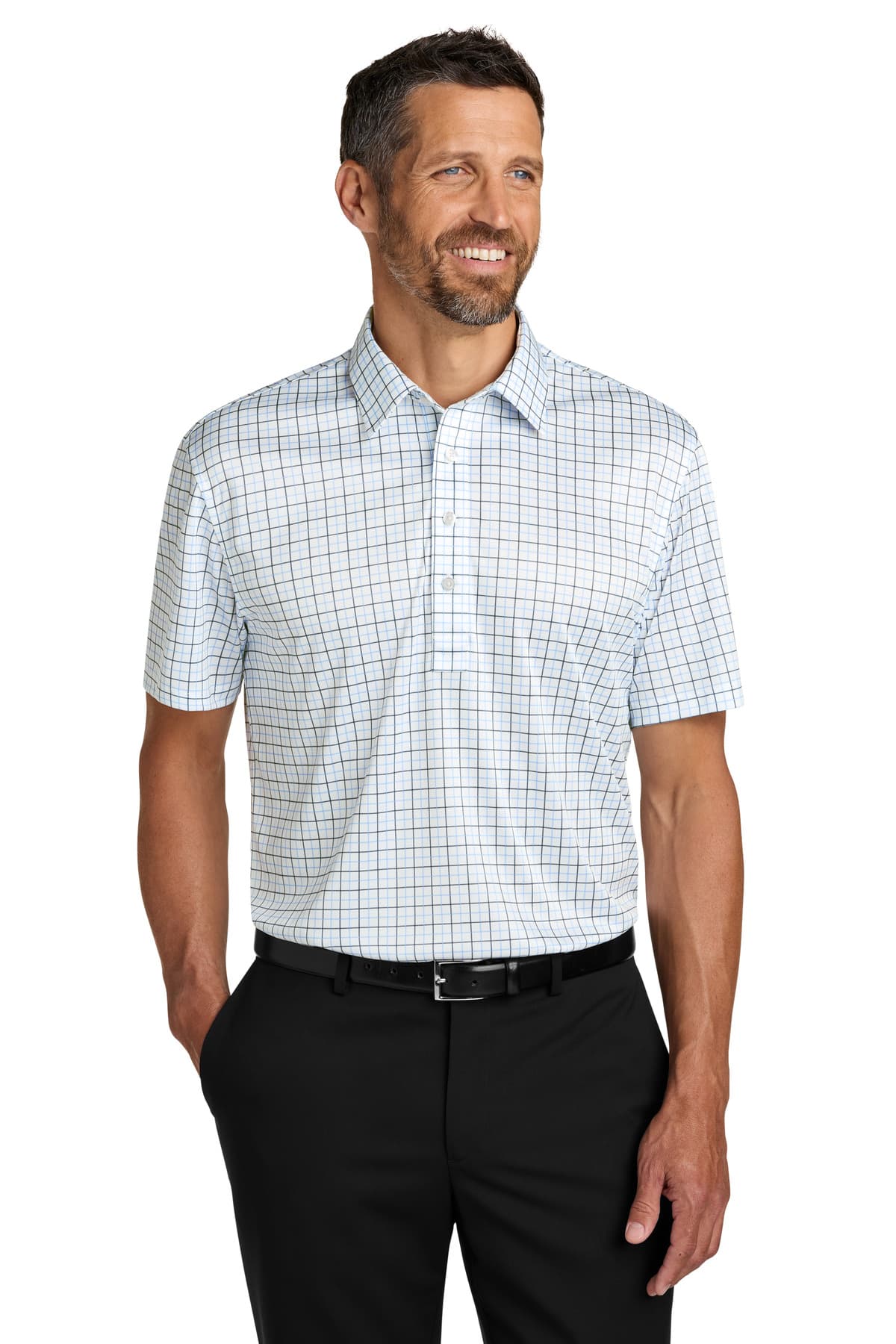 Port Authority ® Shirt Collar Polo — Black/ Carolina Blue Check