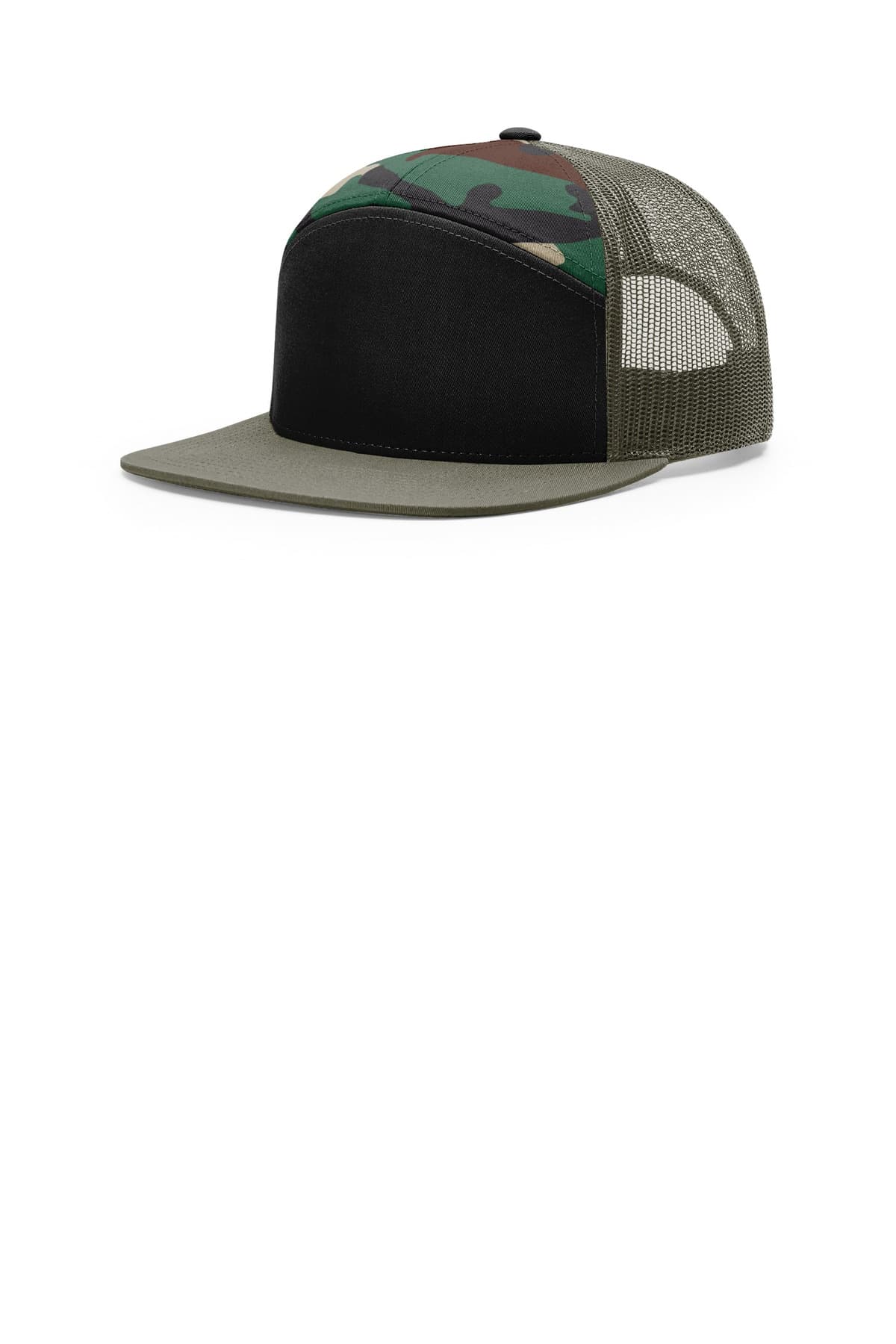 Richardson 7-Panel Trucker — Black/ Green Camo/ Loden