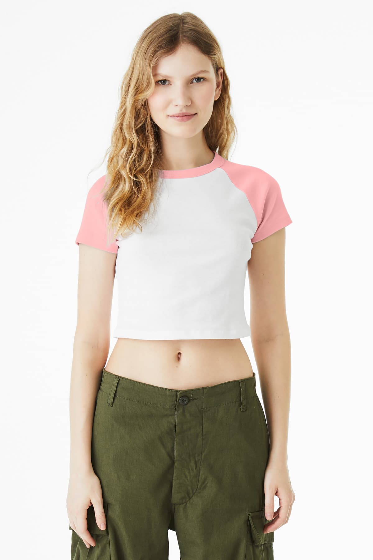 BELLA+CANVAS ® Women's Micro Rib Raglan Baby Tee — White/ Pink