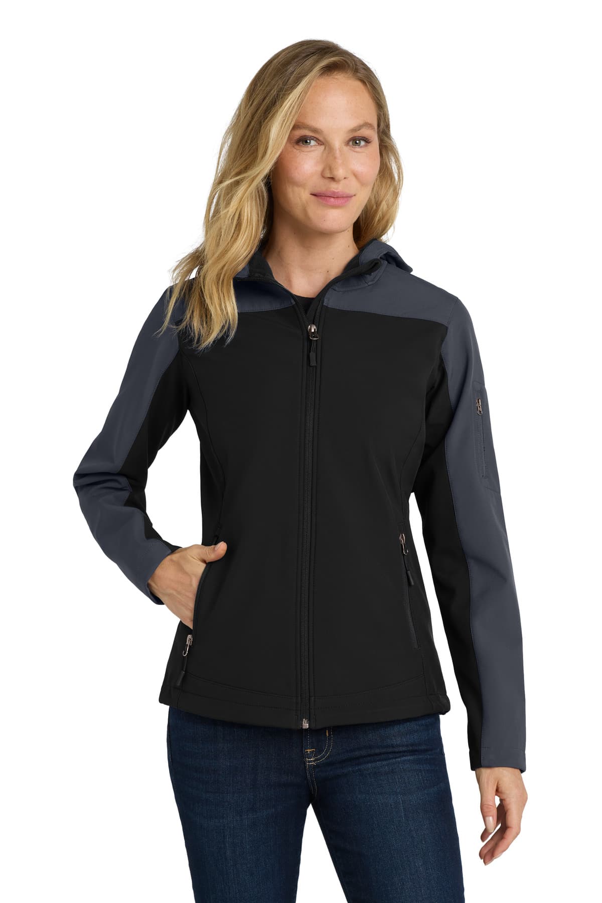 Port Authority ® Women's Hooded Core Soft Shell Jacket — Black/ Battleship Grey
