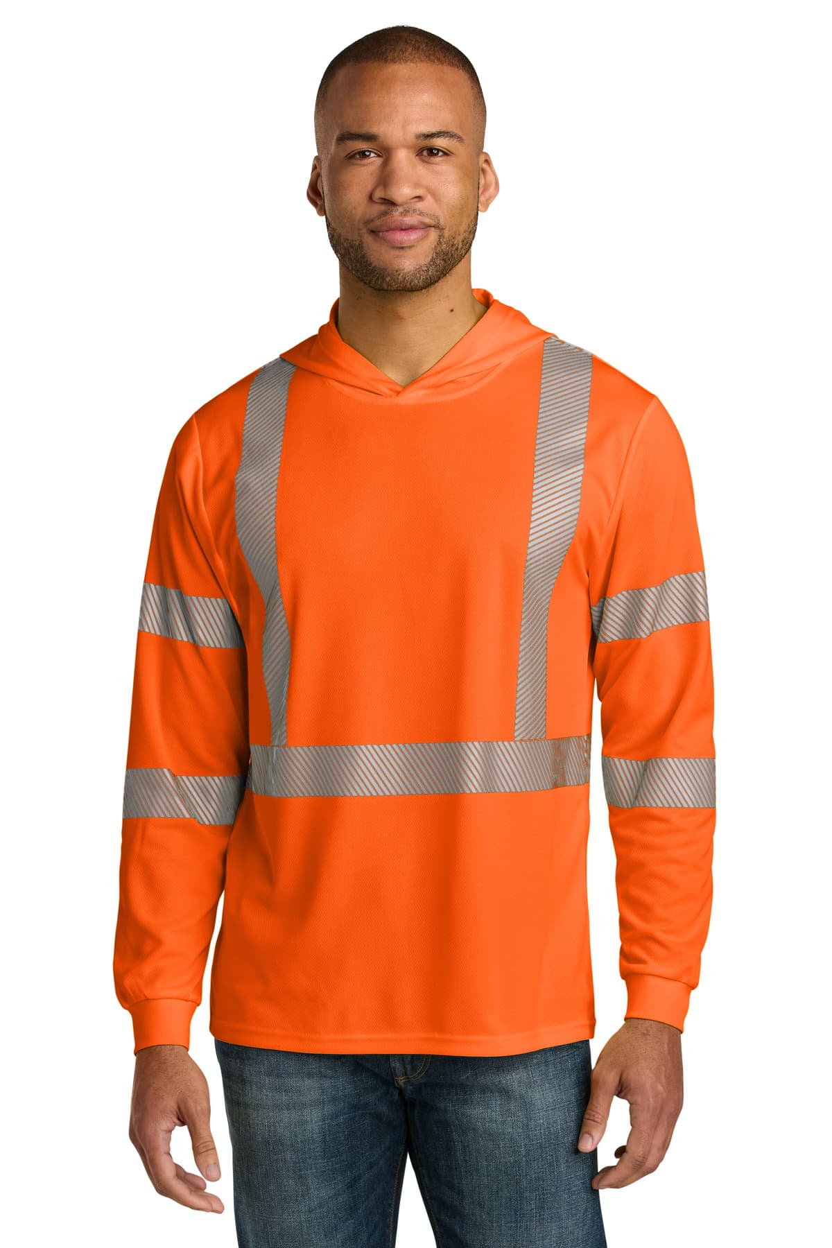 CornerStone ® ANSI 107 Class 3 Long Sleeve Segmented Tape Hooded Tee — Safety Orange