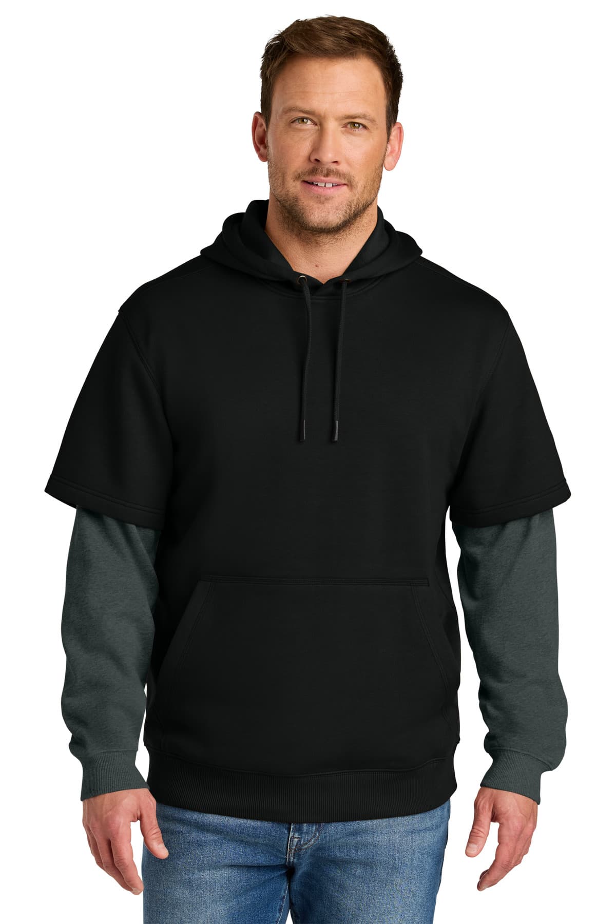 CornerStone ® Tough Fleece Layered Hoodie — Black/ Charcoal Heather