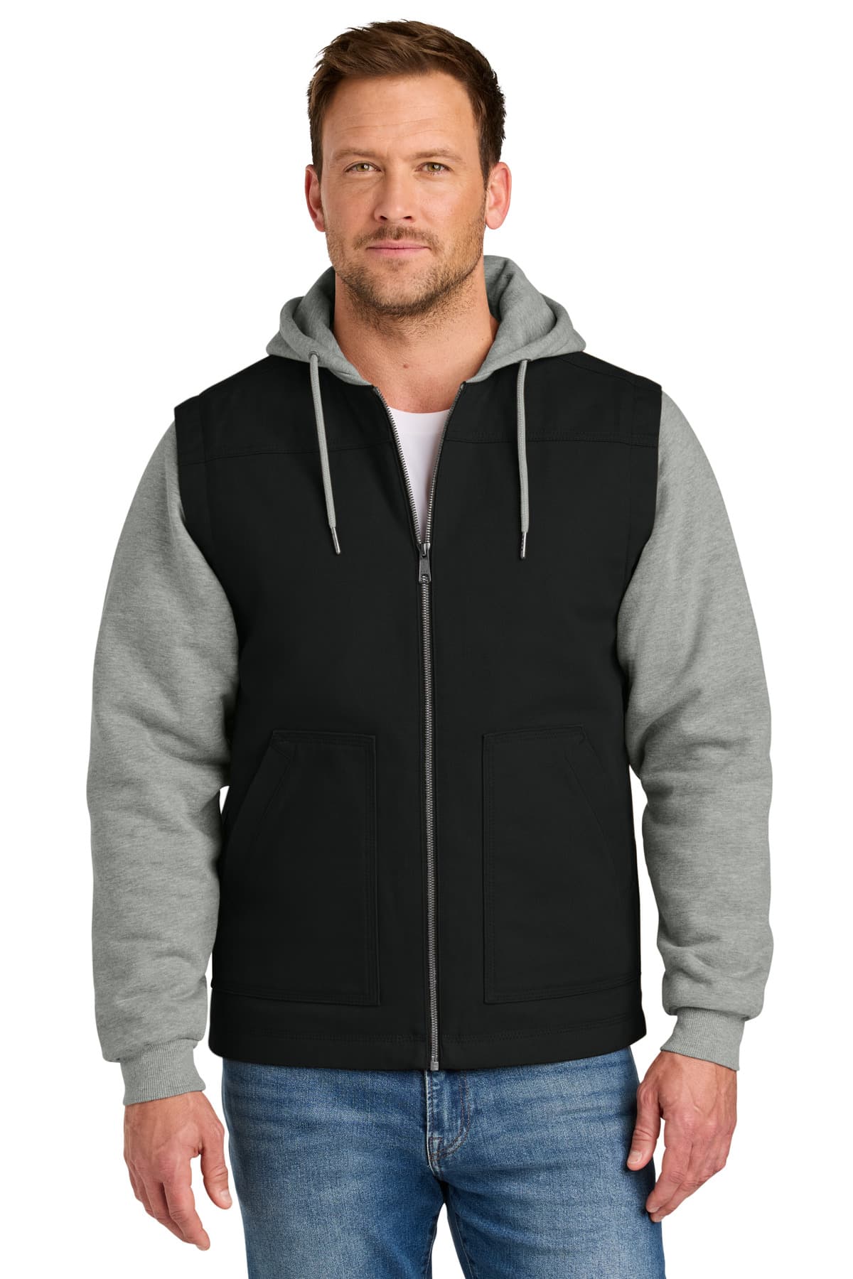 CornerStone ® Duck Fleece Full-Zip Hooded Jacket — Black/ Heather Grey