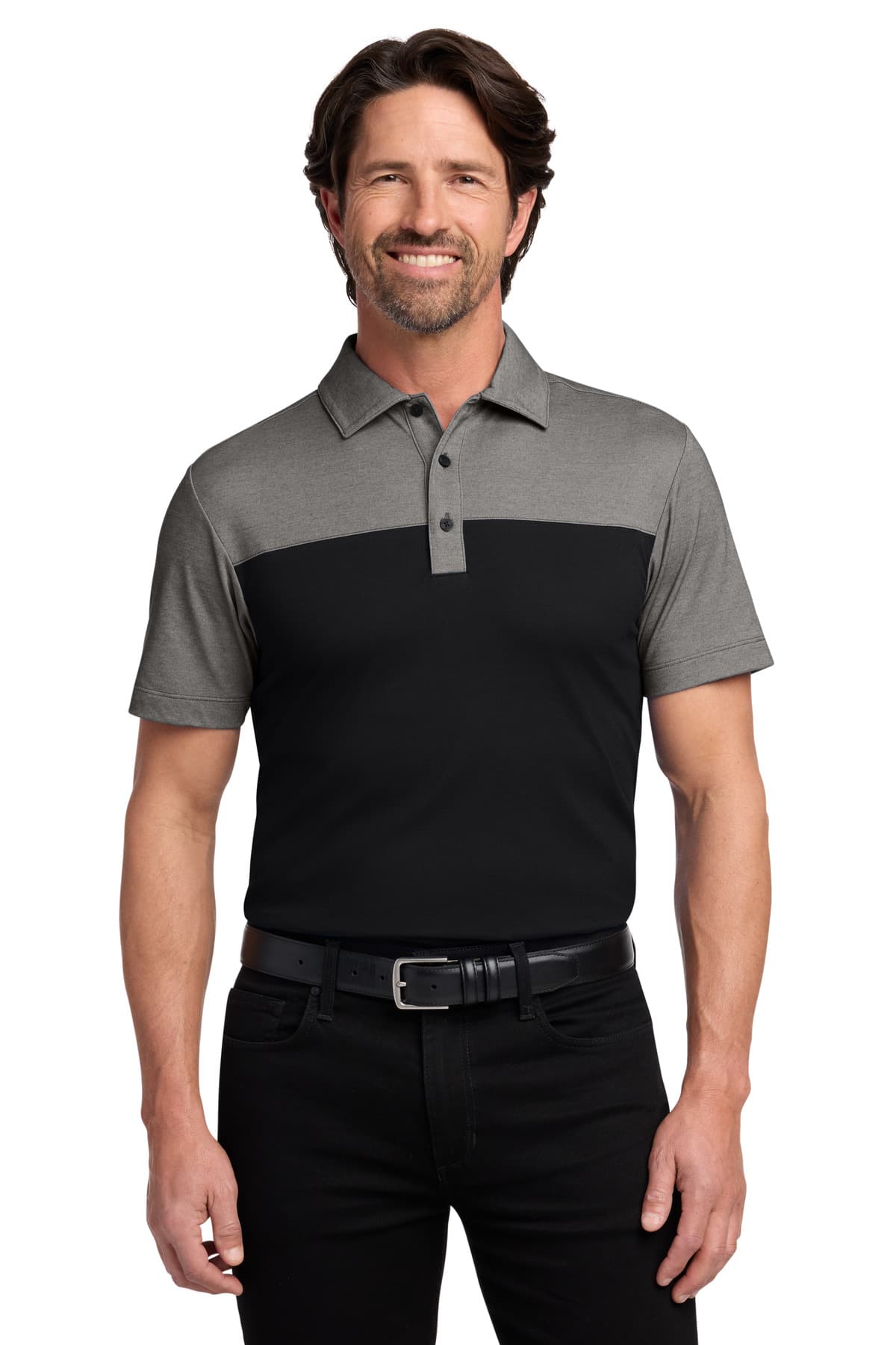 Port Authority ® Fine Pique Blend Blocked Polo — Deep Black/ Charcoal Heather