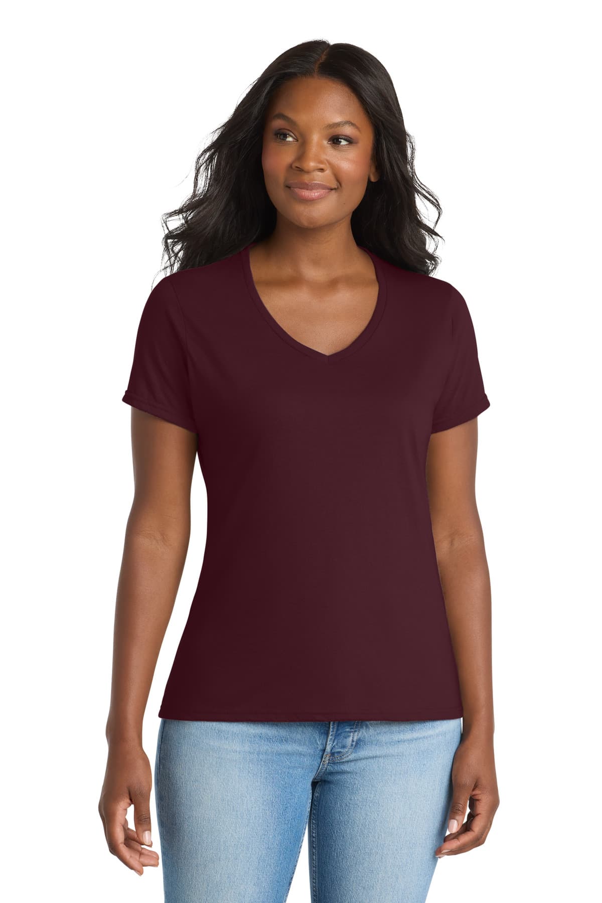 Port & Co Women's Performance Blend V-Neck Tee — Athletic Maroon
