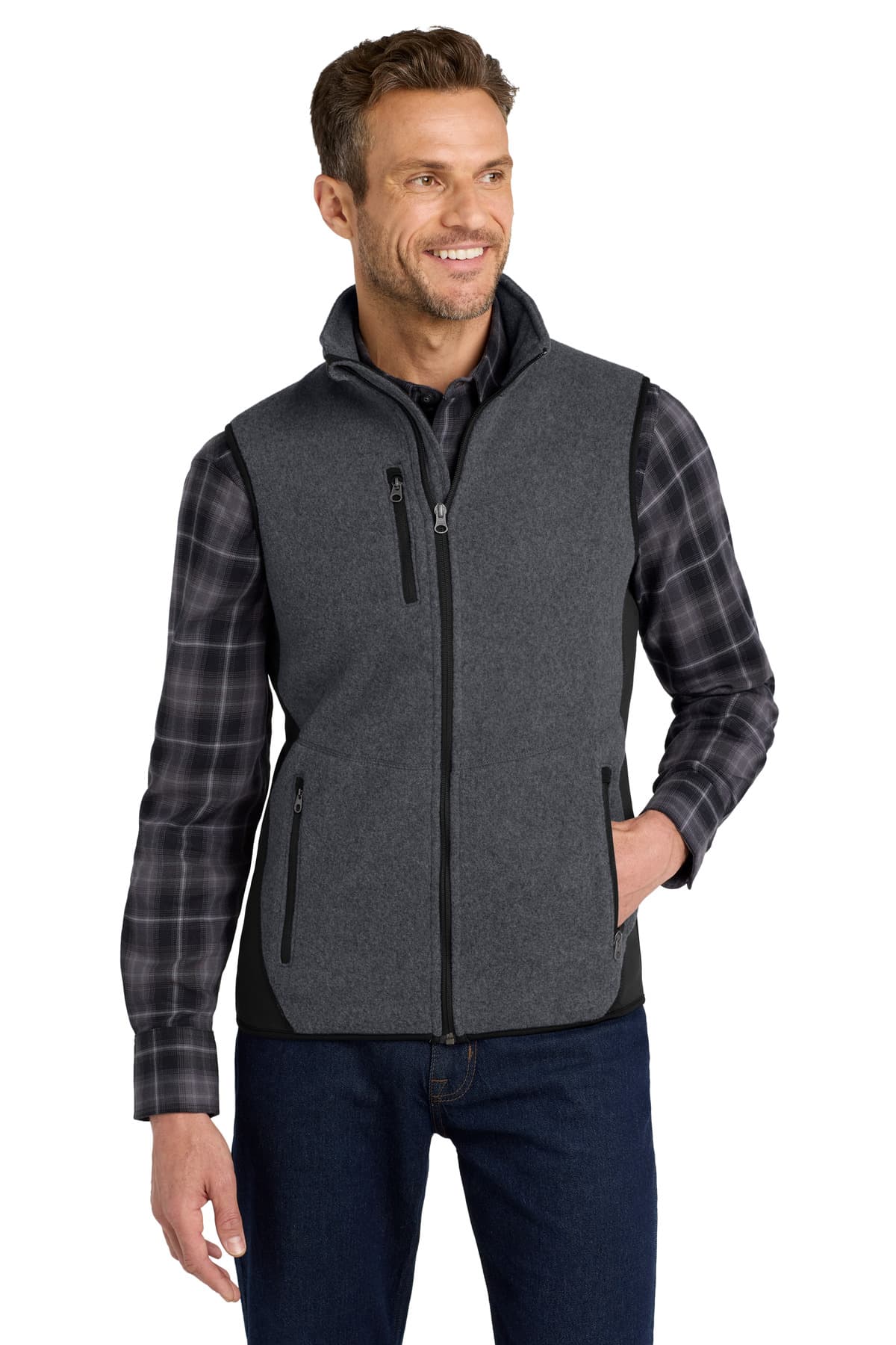 Port Authority ® R-Tek ® Pro Fleece Full-Zip Vest — Charcoal Heather/ Black