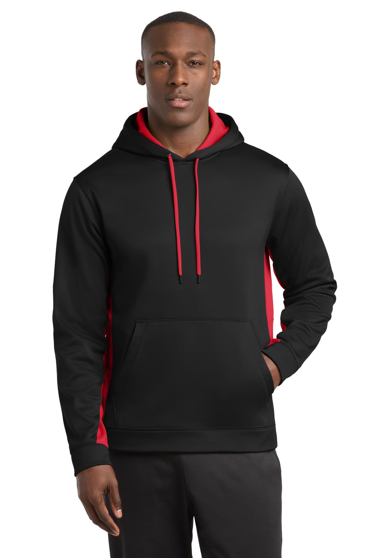 Sport-Tek ® Sport-Wick ® Fleece Colorblock Hooded Pullover — Black/ Deep Red
