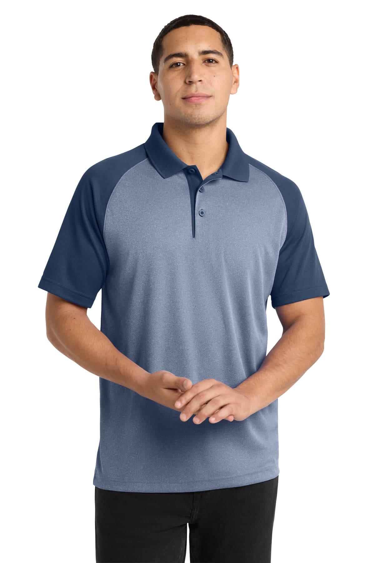 Sport-Tek ® PosiCharge ® RacerMesh ® Raglan Heather Block Polo — True Navy Heather/ True Navy