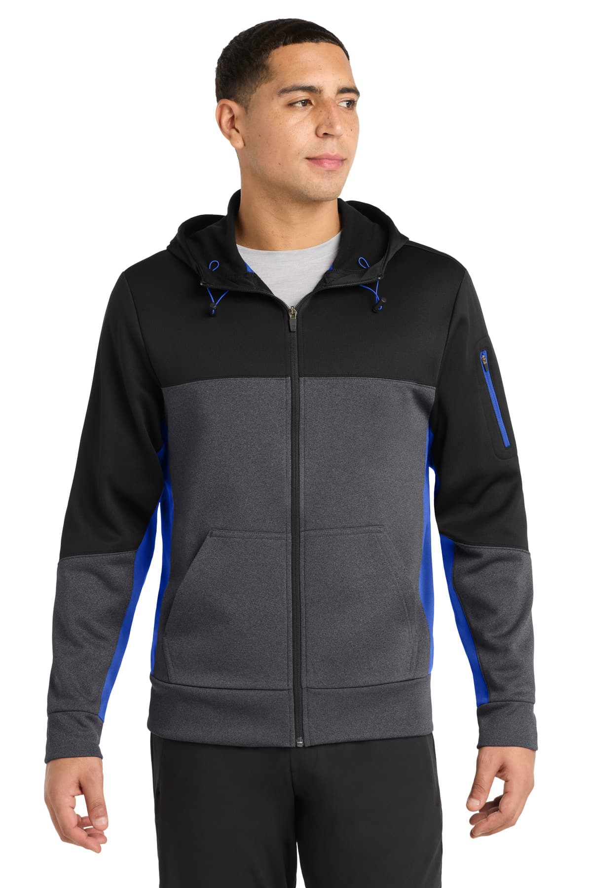 Sport-Tek ® Tech Fleece Colorblock Full-Zip Hooded Jacket — Black/ Graphite Heather/ True Royal